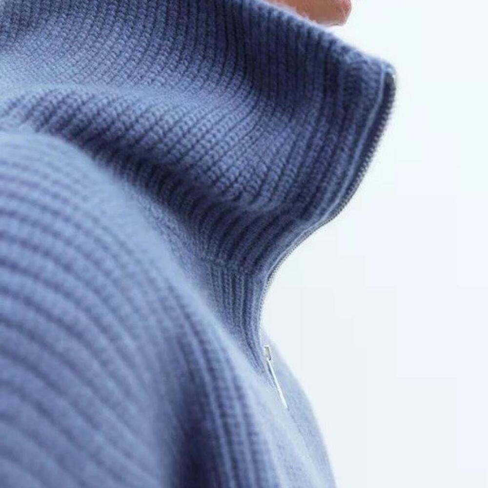H&M Women Small Pigeon Blue Half Zip Rib Knit Sweater Wool Blend Relaxed Fit NWT - Picture 4 of 15